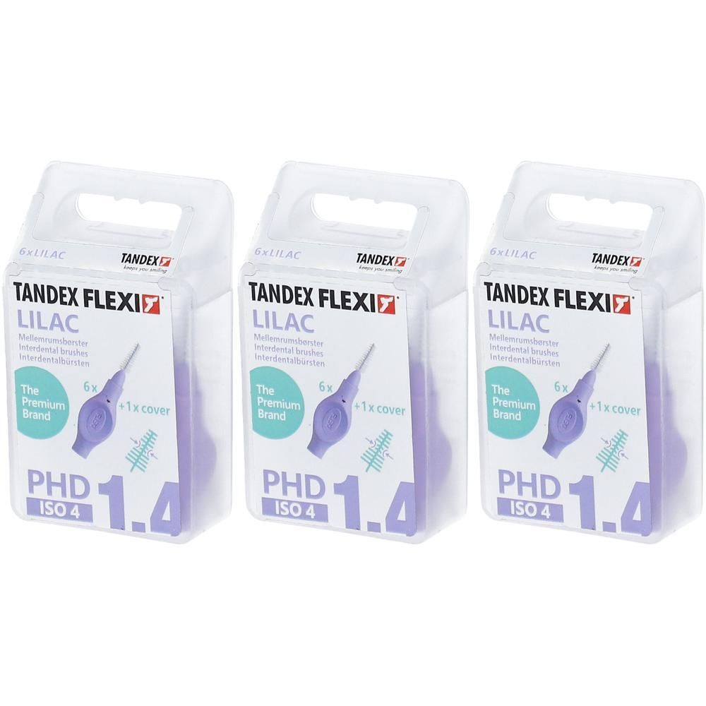 Drie pakken Tandex Flexi Lilac interdentale borsteltjes, maat 1.4 mm, elk met 6 borsteltjes en 1 kapje.