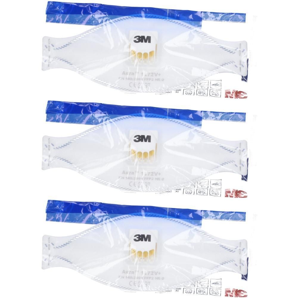Trois masques de protection FFP2 3M avec valve, emballés individuellement. Blanc avec bordure bleue et logo 3M.