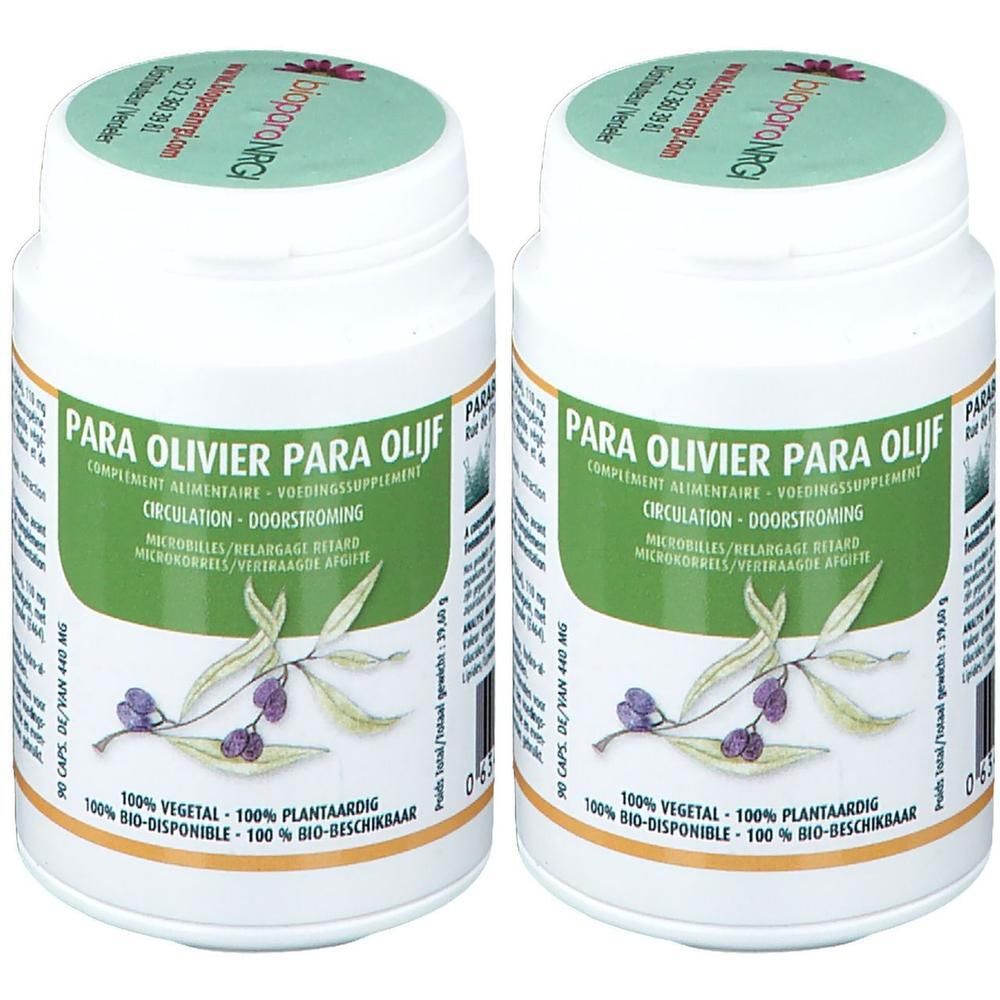 Twee potten Para Olivier voedingssupplement met olijftakillustratie.
