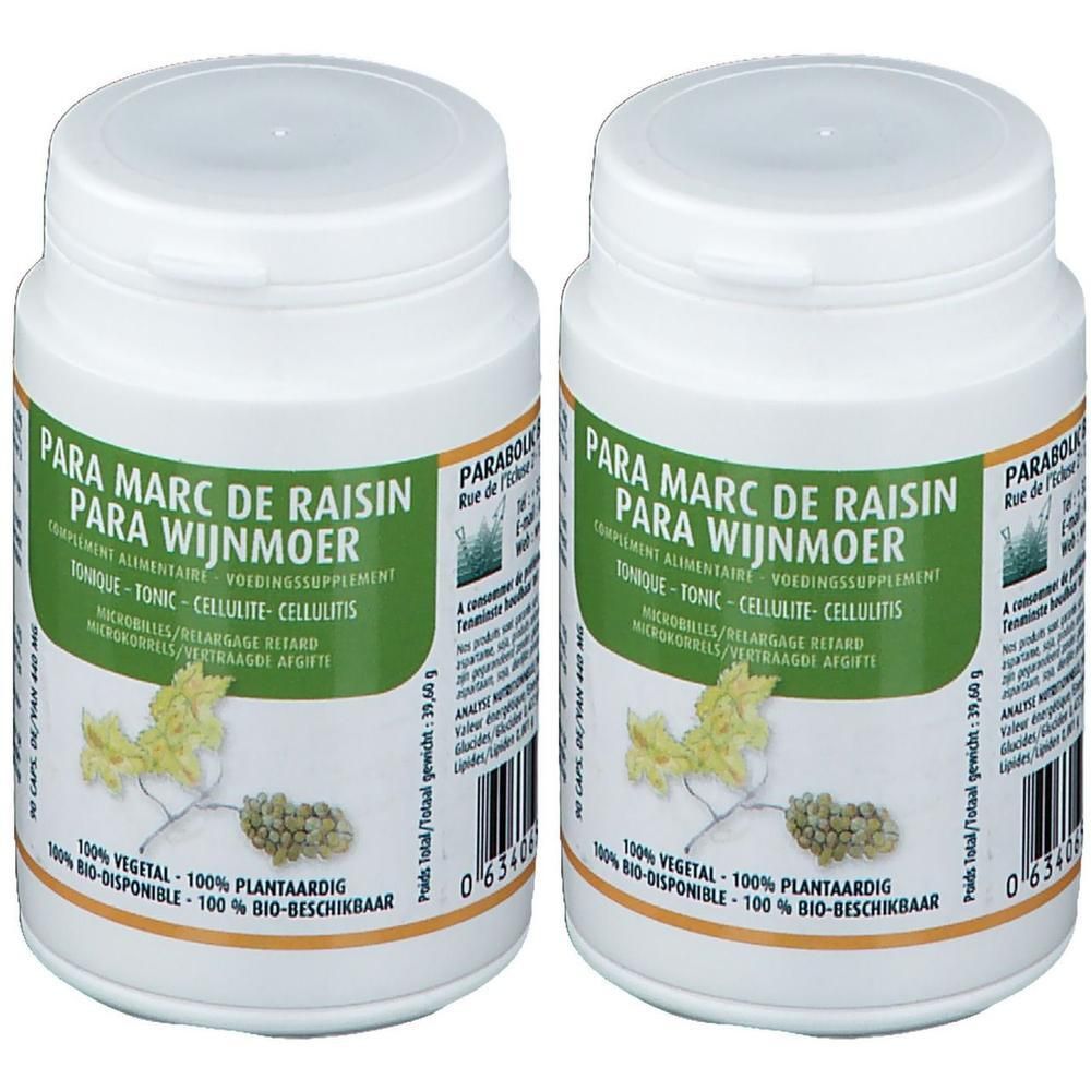 Deux pots de compléments alimentaires à base de marc de raisin. Étiquettes vertes avec illustrations de raisins.