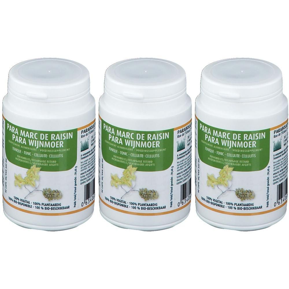 Trois contenants blancs de poudre de marc de raisin. Étiquettes vertes avec illustration de plante et informations produit.