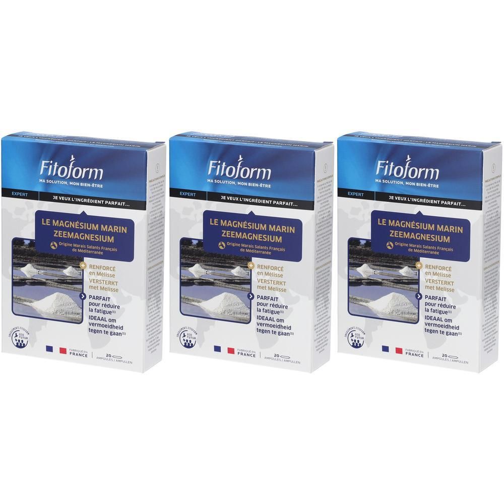 Drie verpakkingen Fitoform Magnesium Marin Zeemagnesium.