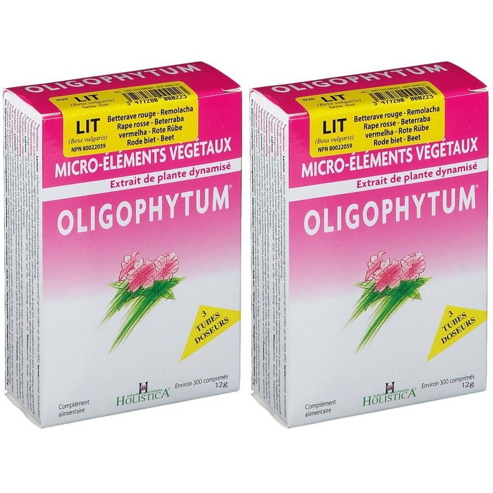 Deux boîtes d'Oligophytum micro-éléments végétaux, chacune contient 3 tubes doseurs.