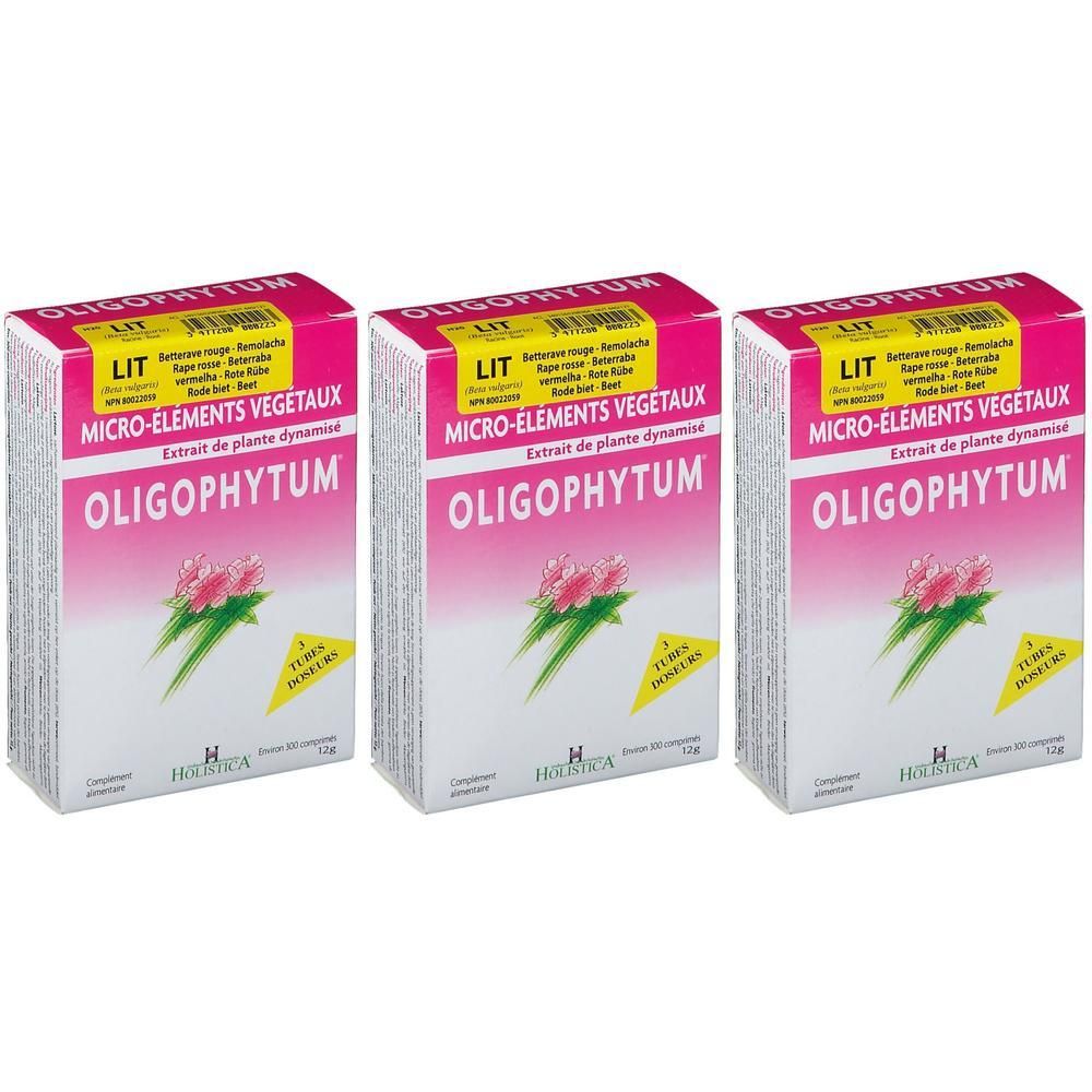 Trois boîtes d'Oligophytum micro-éléments végétaux, rose et blanc.
