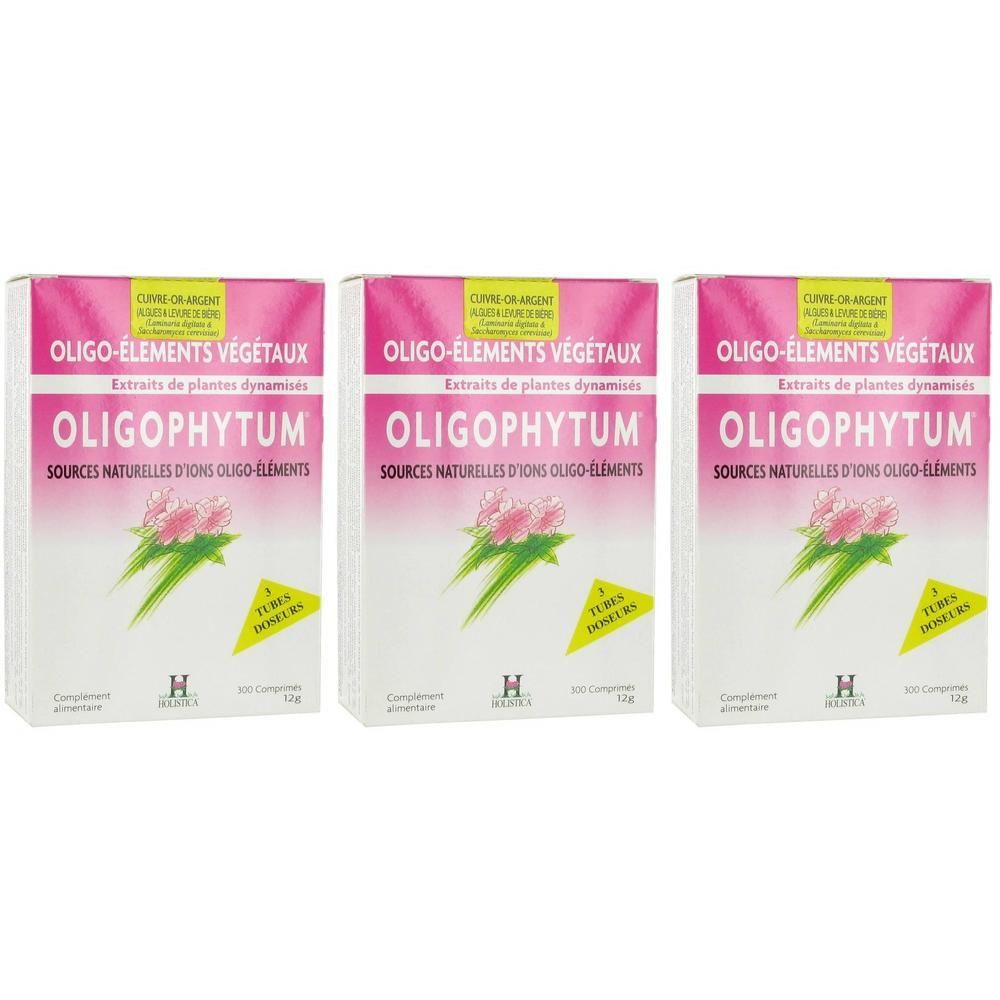 Drie verpakkingen Oligophytum, plantaardige sporenelementen, met bloemmotief.