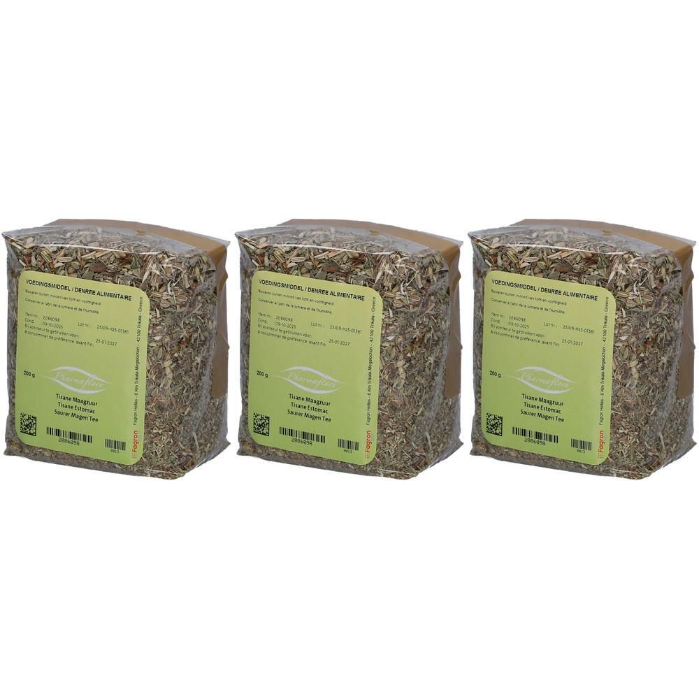 Drie zakjes kruidenthee voor maagzuur. Elke verpakking bevat 100g.