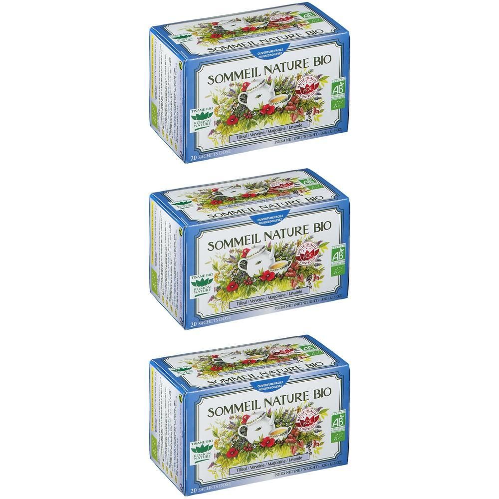 Trois boîtes de tisane bio "Sommeil Nature". Emballage bleu avec des herbes et des baies.