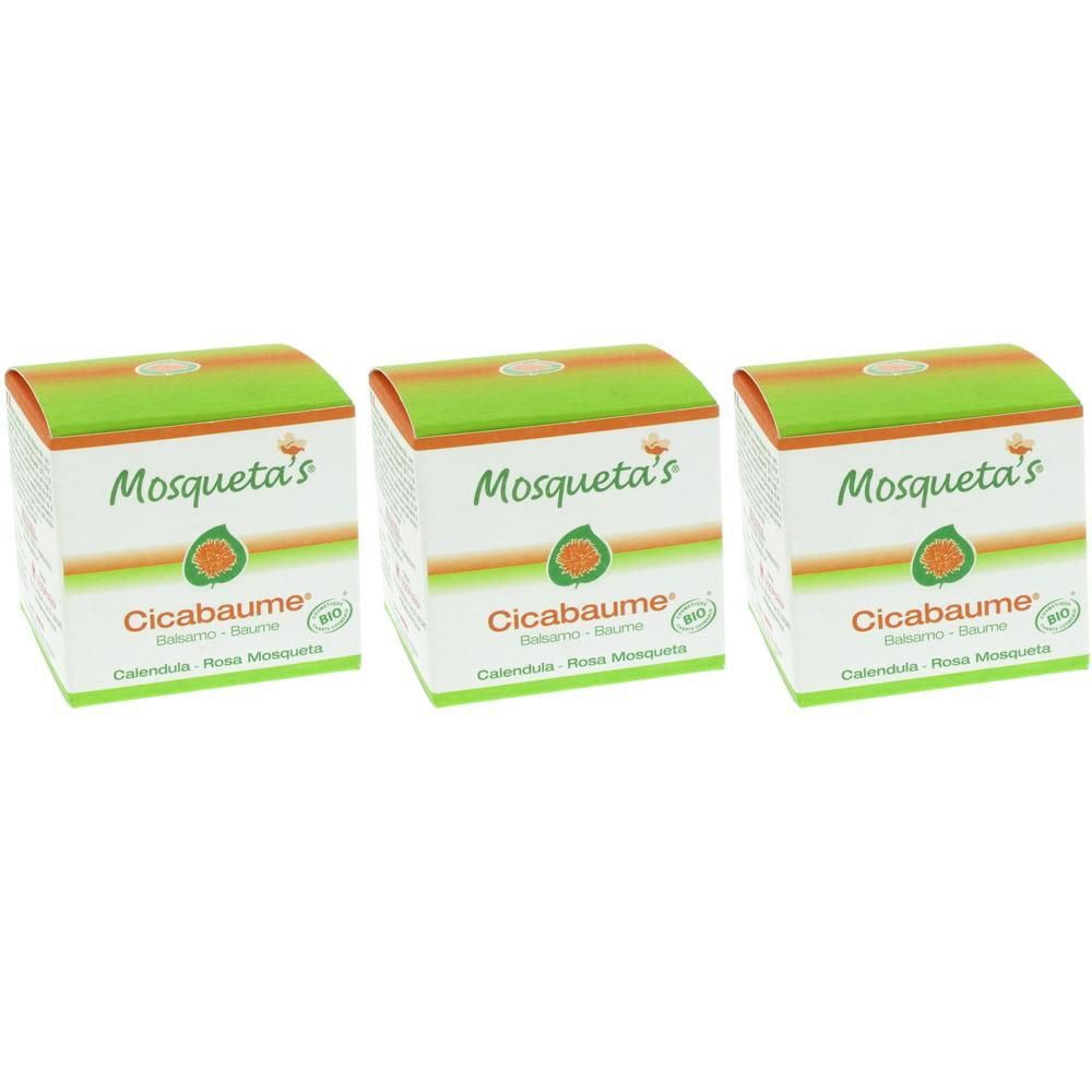 Trois boîtes de Cicabaume Mosqueta's, avec couvercles verts et orange.