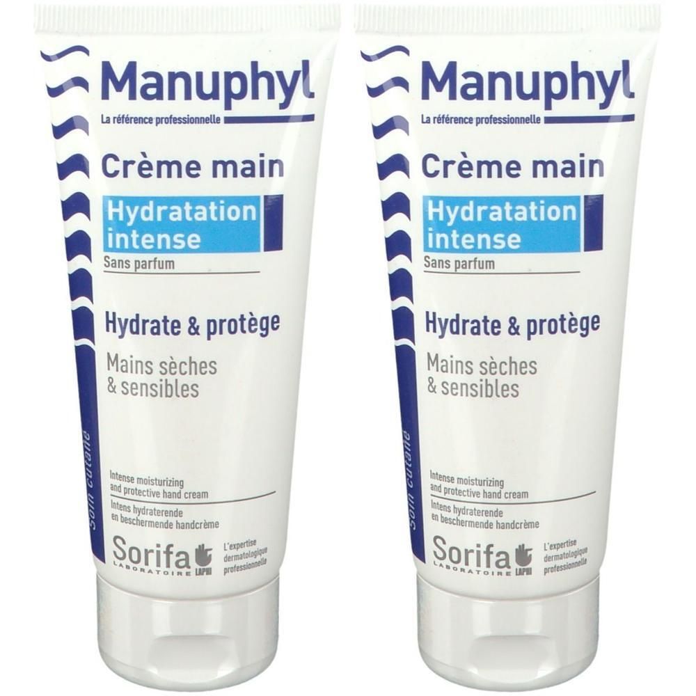 Twee tubes Manuphyl handcrème voor intense hydratatie, zonder parfum.