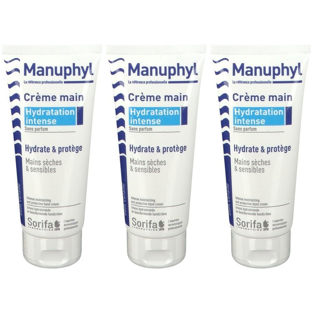 Trois tubes de crème pour les mains "Manuphyl Crème main Hydratation intense".