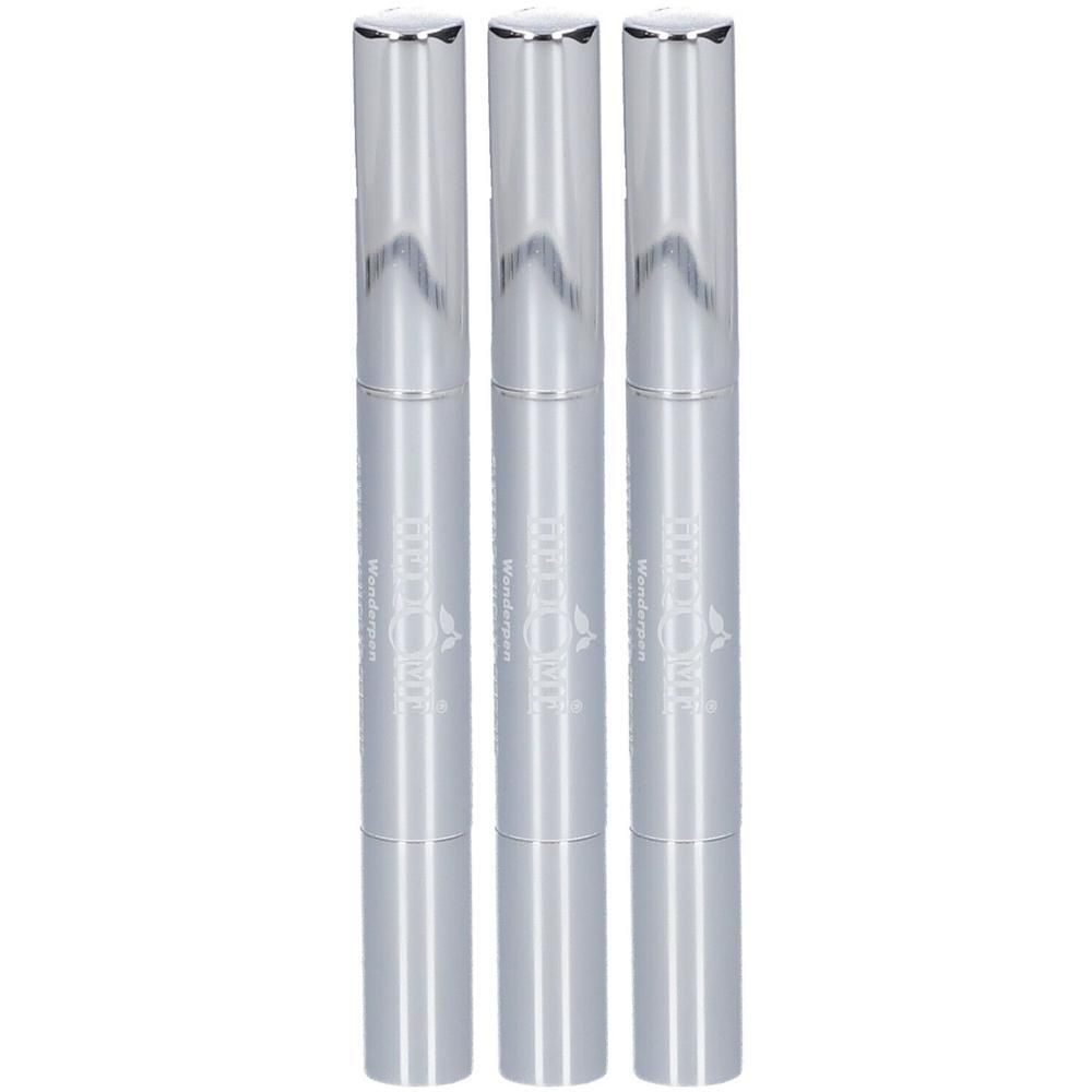 Trois stylos argentés avec capuchons argentés, alignés verticalement côte à côte.