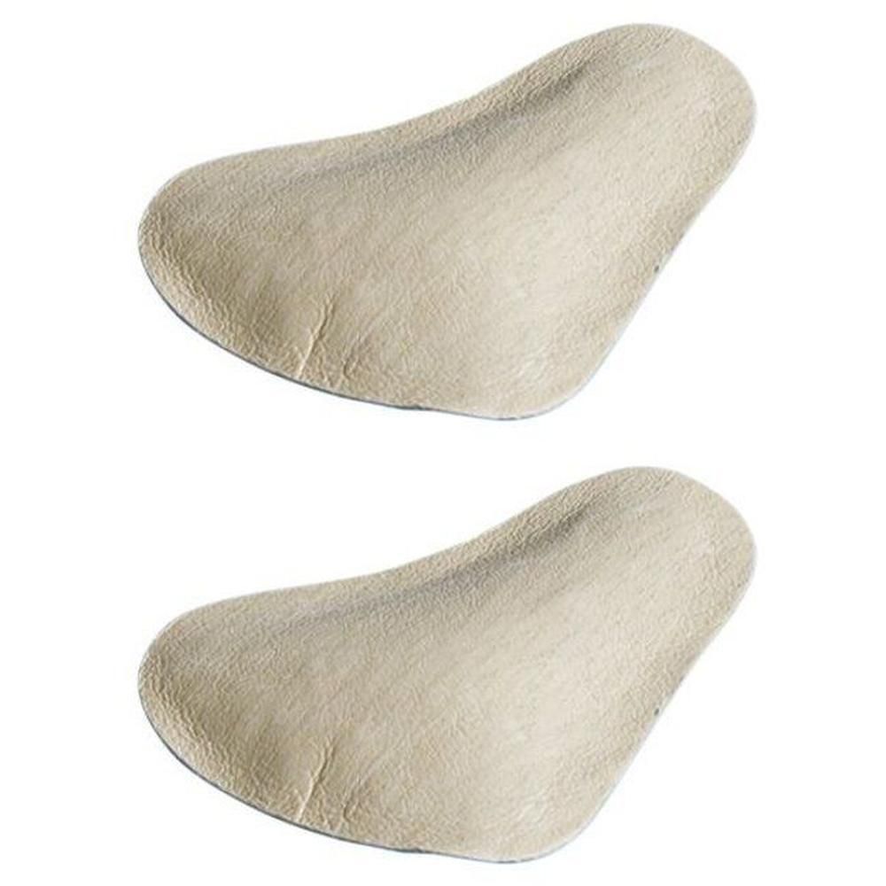 Twee beige inlegzolen voor voetboogondersteuning, van leer.