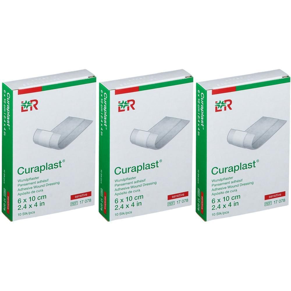 Drie pakken Curaplast pleisters, 6 x 10 cm.