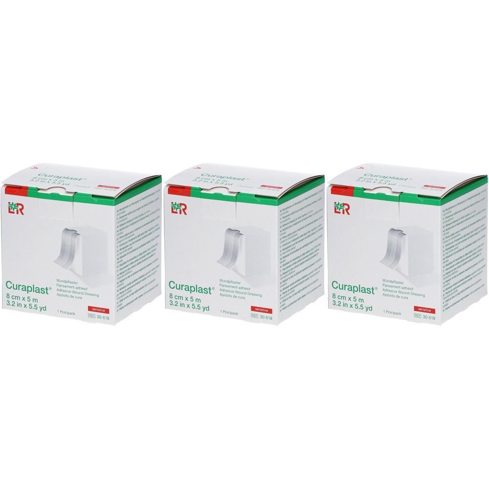 Trois paquets de Curaplast Sensitive, 8cm x 5m.