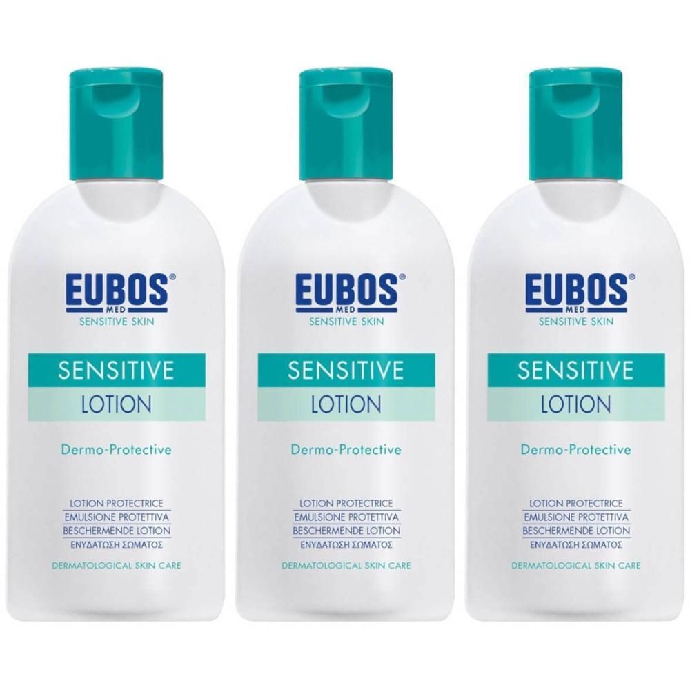 Trois flacons de lotion EUBOS Sensitive Dermo-Protective avec bouchons rabattables turquoise.