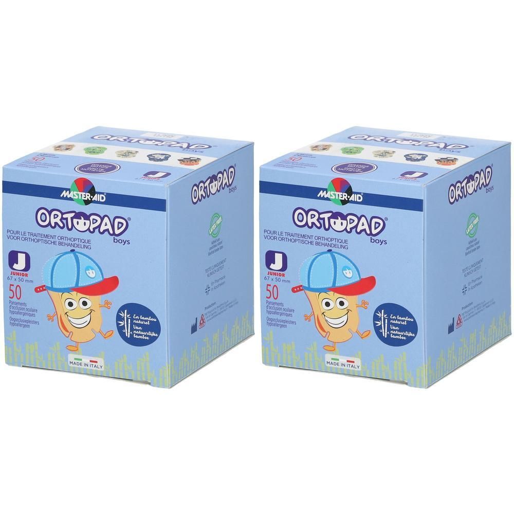 Deux boîtes de pansements oculaires Ortopad Boys Junior, 50 par boîte.