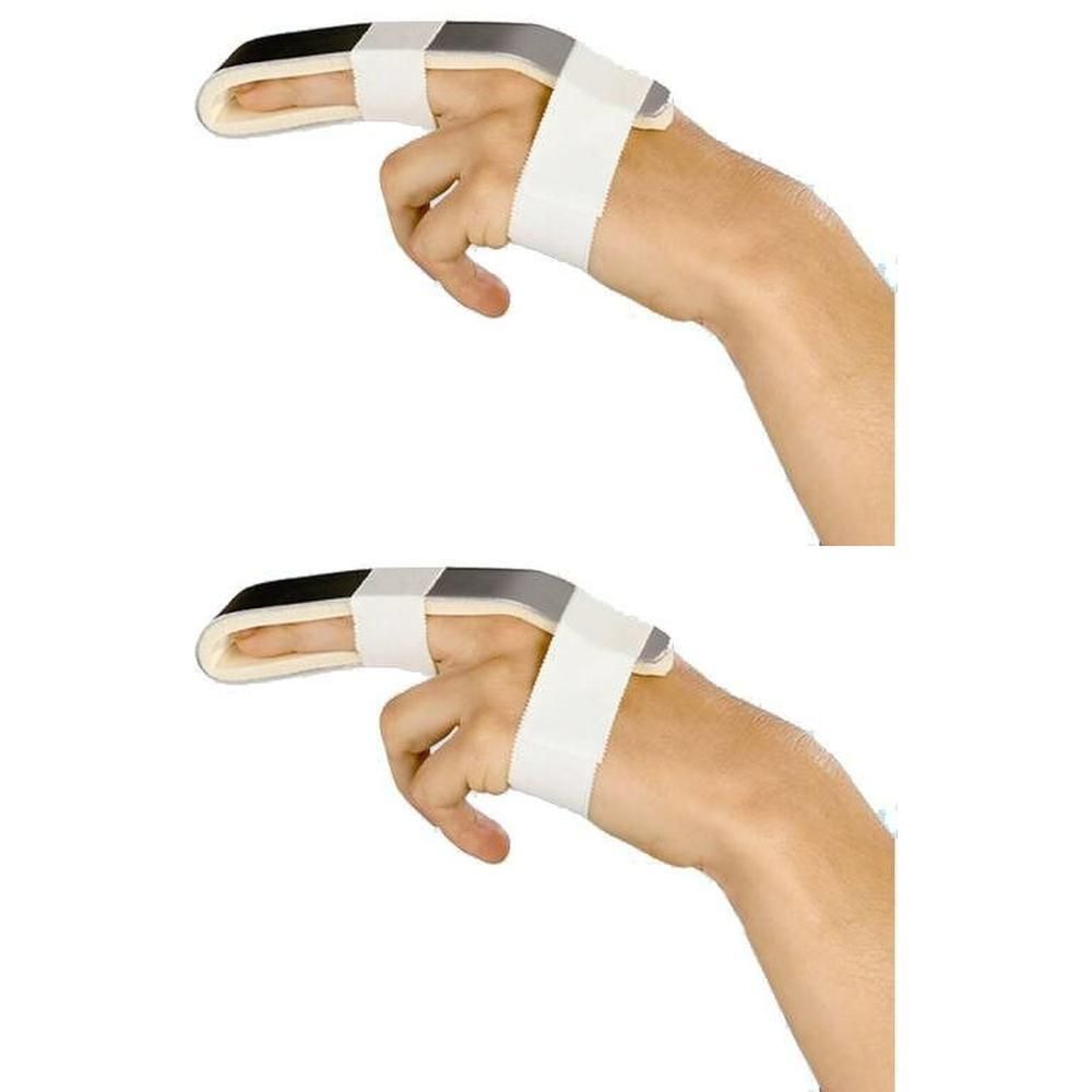 Attelle de doigt en mousse et velcro. Deux attelles de doigt sont montrées sur des mains.