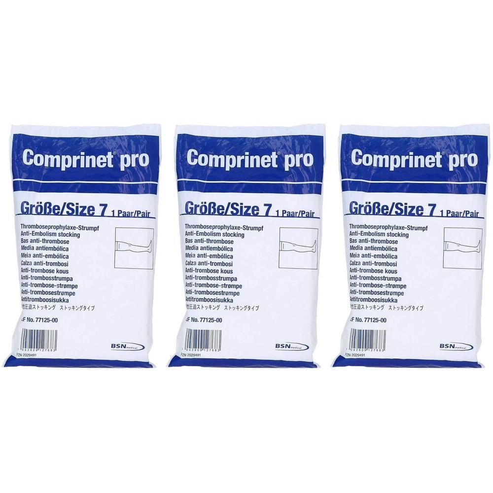 Trois emballages de bas de compression. Chaque emballage porte la mention "Comprinet pro", taille 7, et d'autres informations.