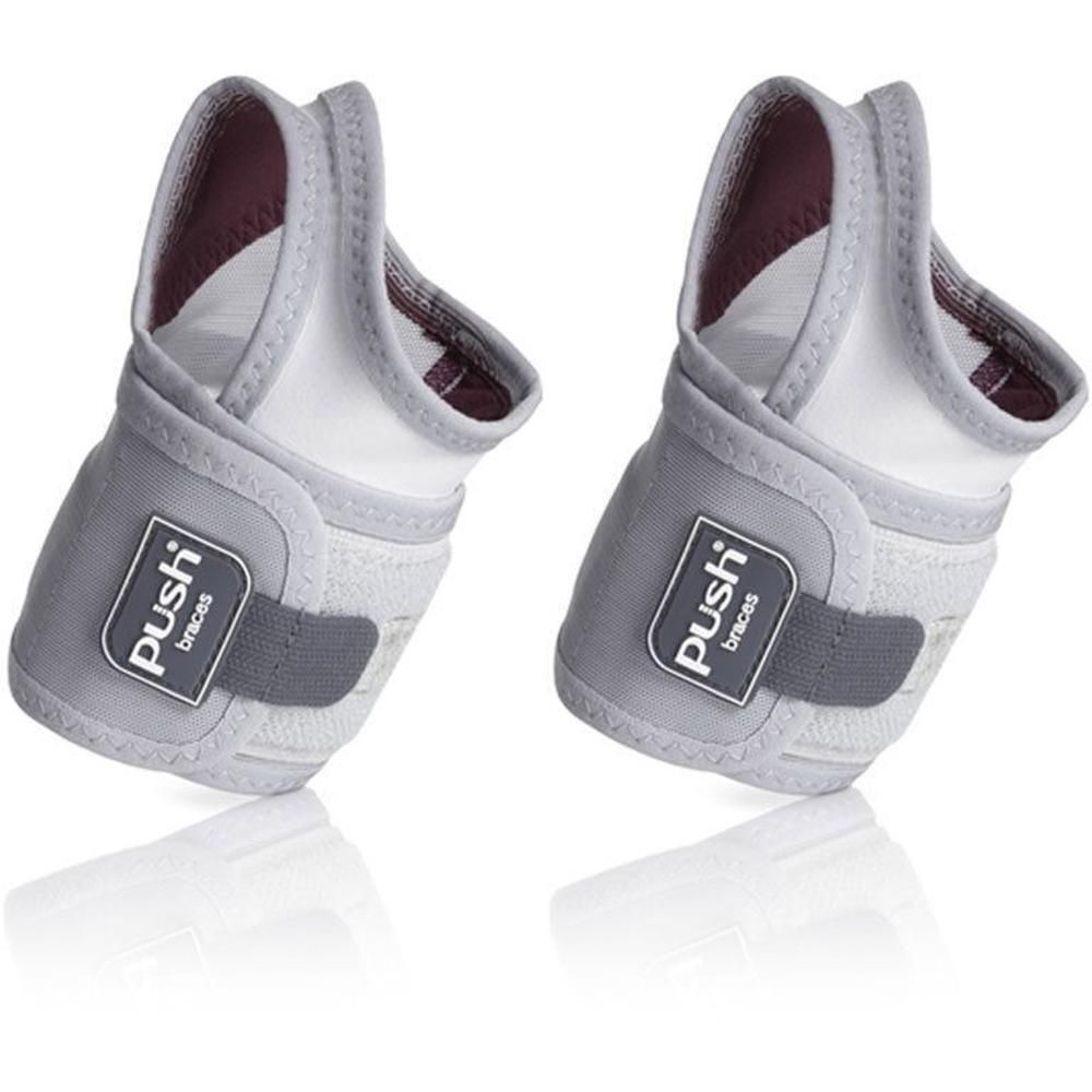 Deux orthèses de poignet grises avec fermeture velcro et logo Push Braces.