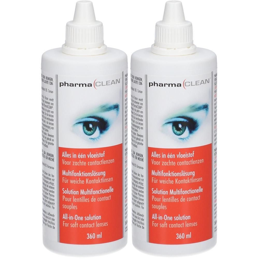 Deux flacons de solution multifonctionnelle Pharma-Clean pour lentilles de contact souples, 360 ml chacun.