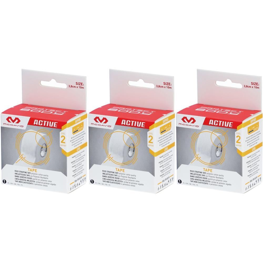 Drie pakken McDavid Eurotape ACTIVE sporttape, wit, 3,8 cm x 13,7 m.