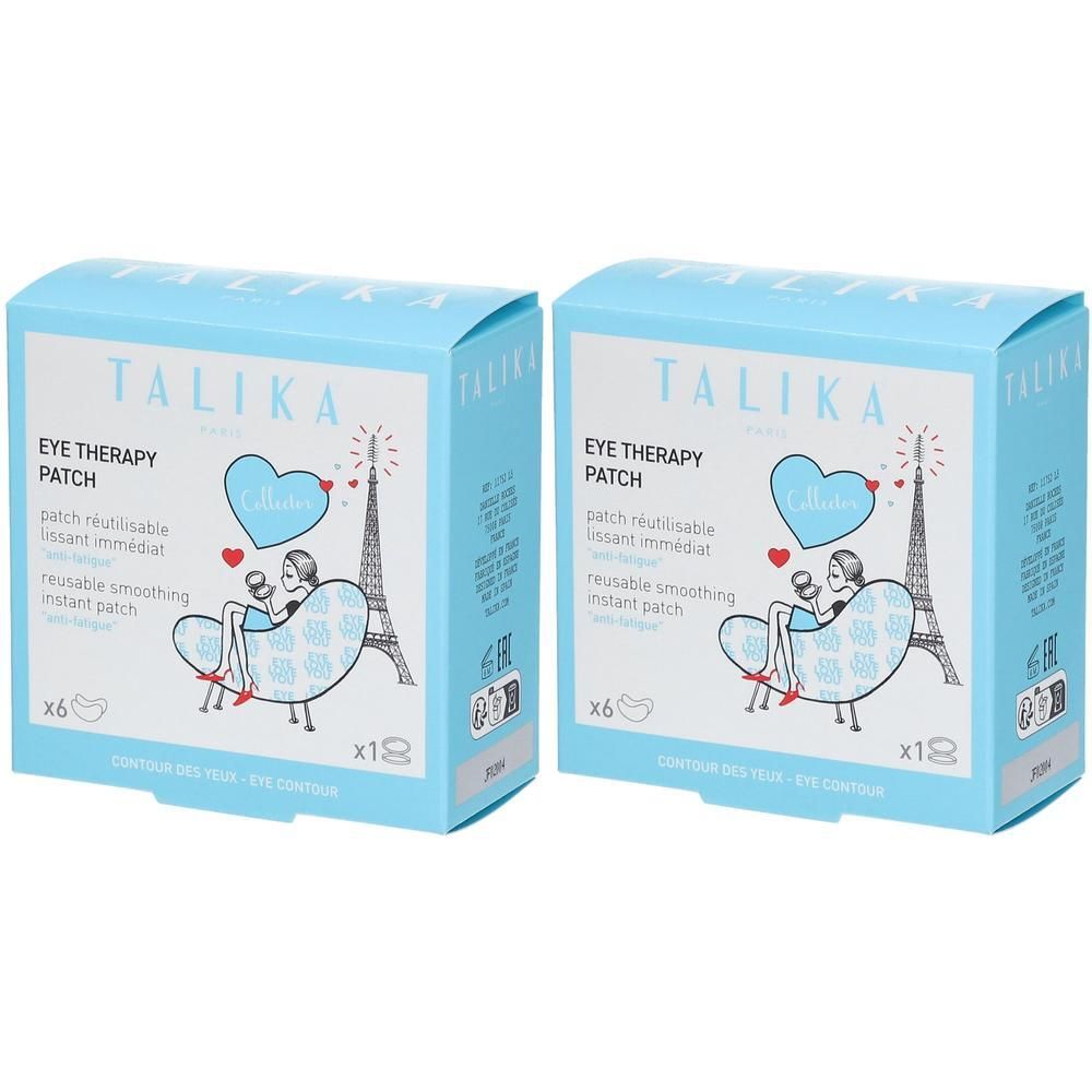 Deux boîtes de Talika Eye Therapy Patchs, chacune contenant 6 patchs lissants réutilisables.