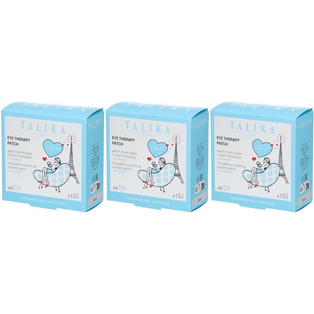 Trois boîtes de patchs Talika Eye Therapy, chacune contenant 6 patchs. Emballage bleu clair avec illustration de la Tour Eiffel.