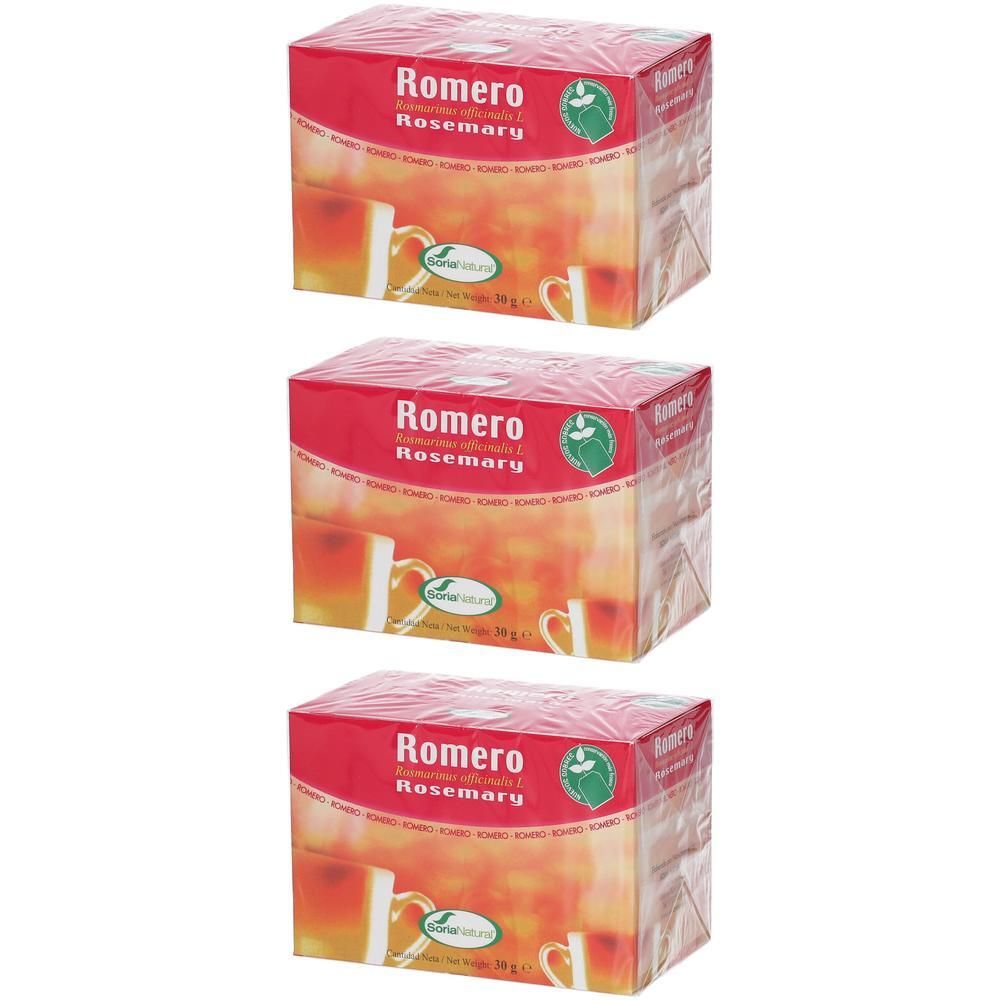 Trois boîtes de thé Soria Natural Natusor Romarin. Emballage rouge avec image d'une tasse de thé.