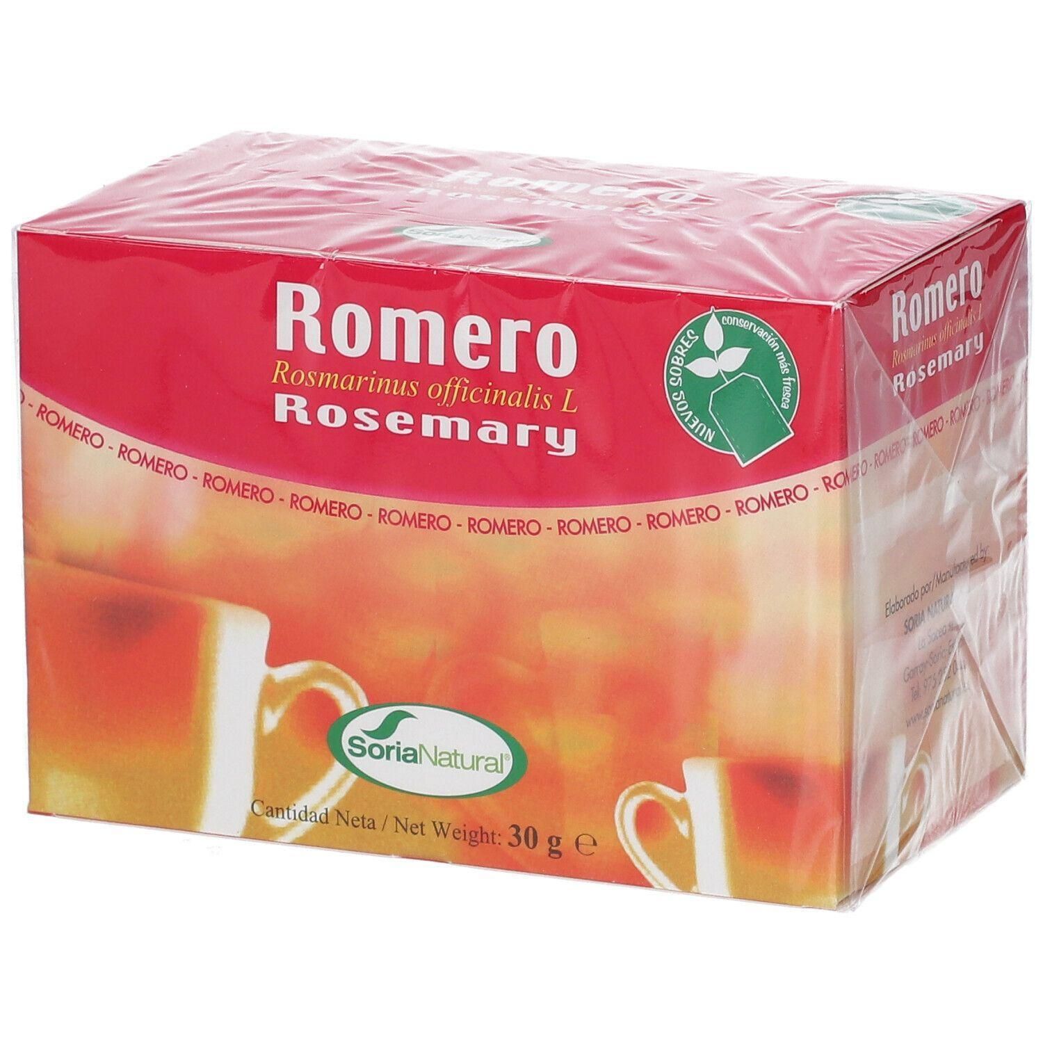 Verpakking Soria Natural Romero thee (Rozemarijn). Bevat 30g.