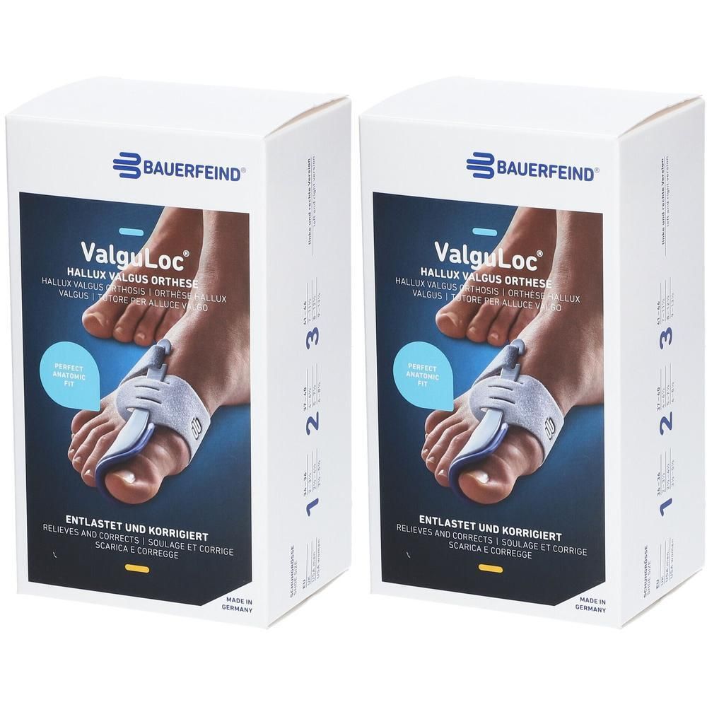 Bauerfeind ValguLoc Hallux Valgus orthese, maat 2, op kartonnen verpakking.