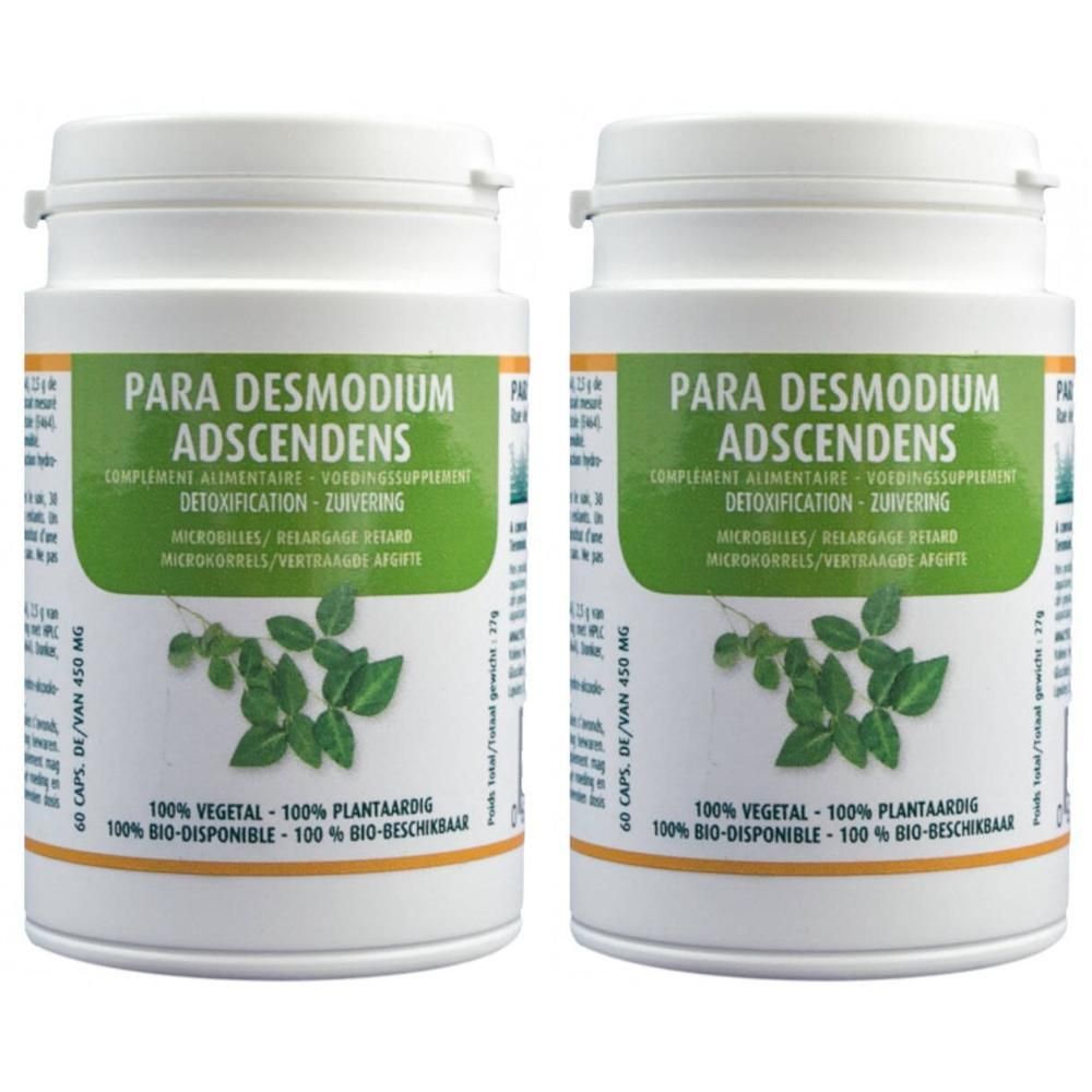 Twee potten met Para Desmodium Adscendens capsules. Groene etiketten met plantafbeelding en tekst.