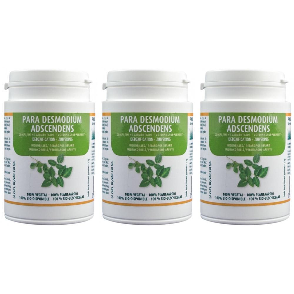 Trois contenants de capsules Para Desmodium Adscendens. Étiquettes vertes avec motif végétal et texte.