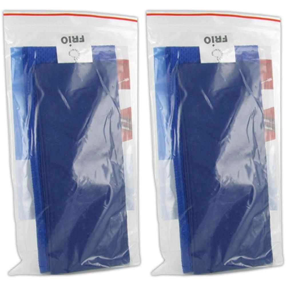 Twee blauwe Frio koeltasjes voor medicijnen in plastic verpakking.