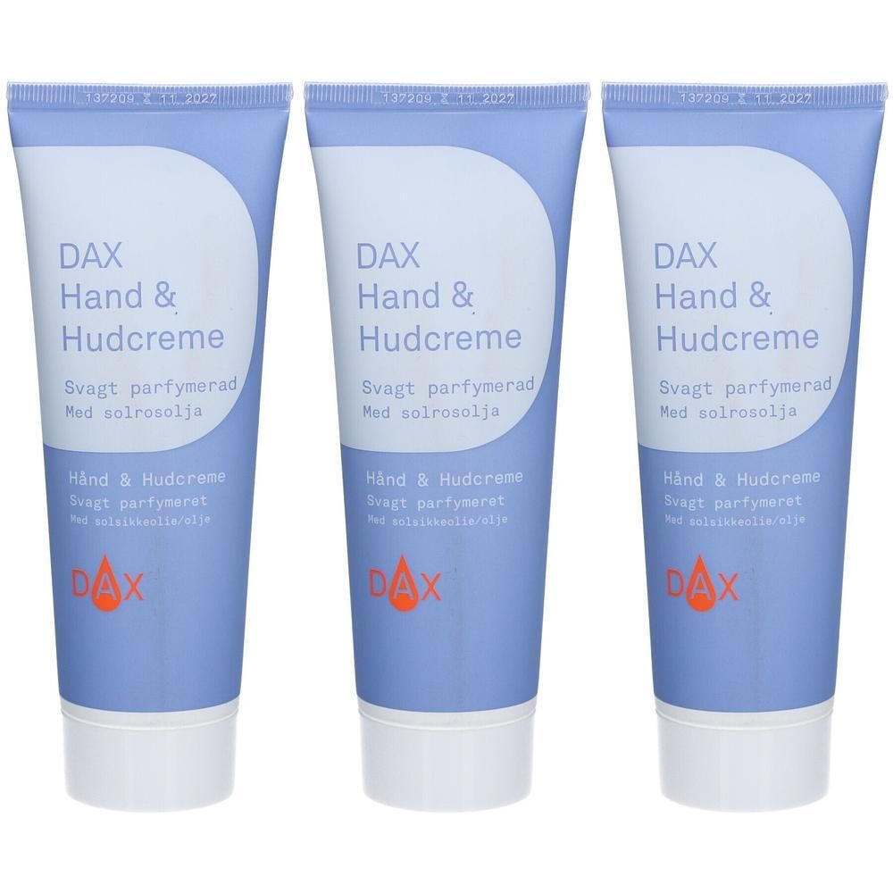 Drie tubes DAX Hand & Hudcreme licht geparfumeerd met zonnebloemolie.