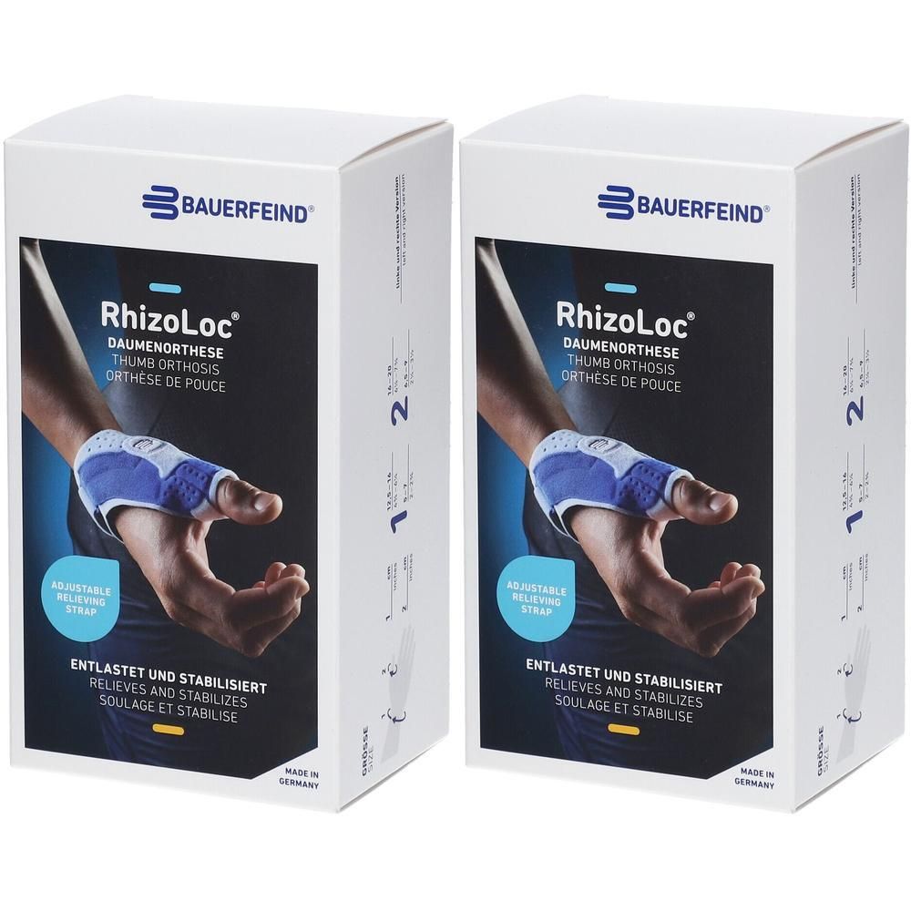 Orthèse Bauerfeind RhizoLoc pour pouce. Orthèse bleue et blanche avec sangle réglable, soulage et stabilise.