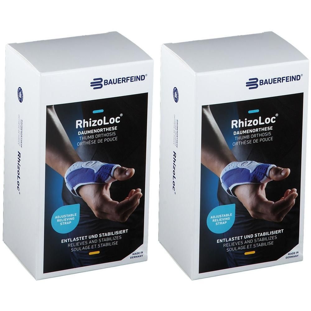 Deux paquets d'orthèse de pouce Bauerfeind RhizoLoc. Montre une main avec une orthèse bleue et blanche.