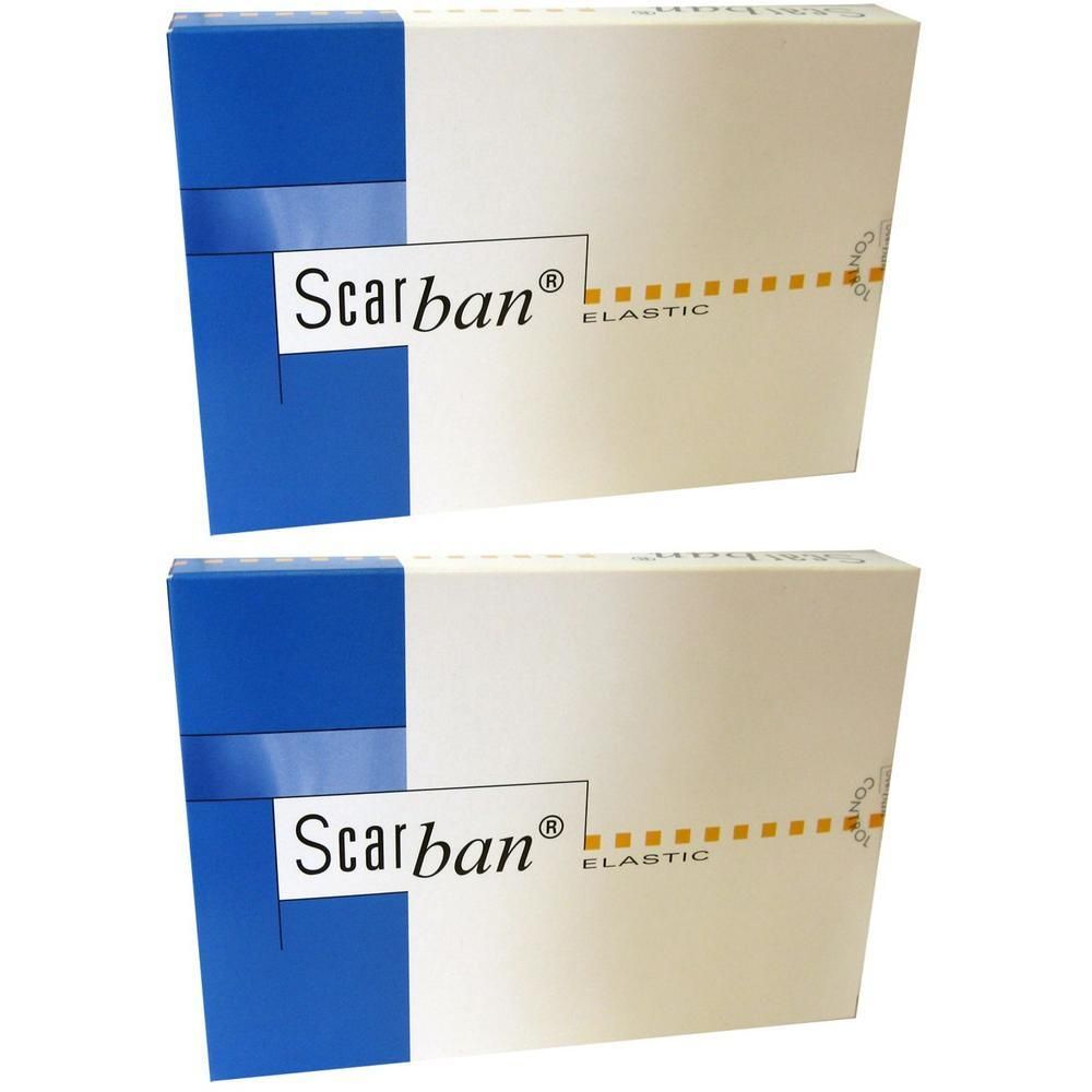 Deux paquets de feuille de silicone Scarban Elastic, blancs avec des accents bleus et le logo de la marque.