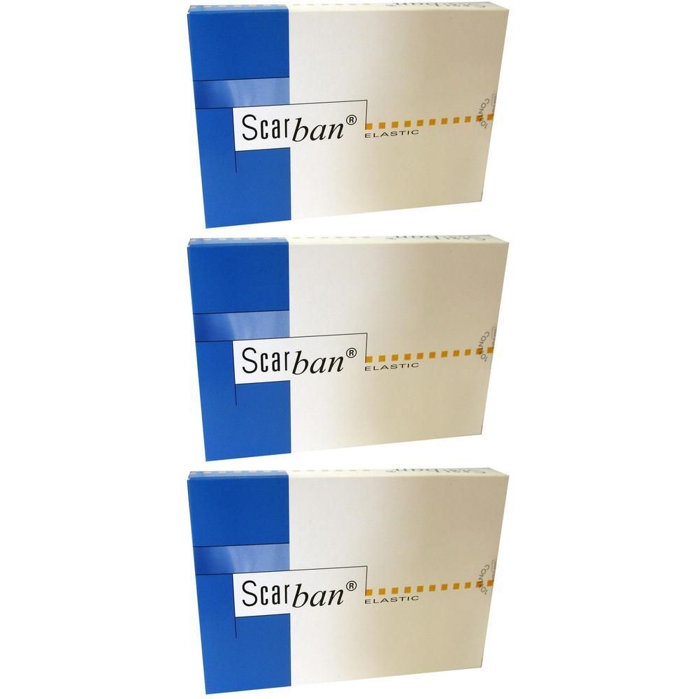 Trois paquets de feuille de silicone Scarban Elastic, blanc avec accents bleus et jaunes.