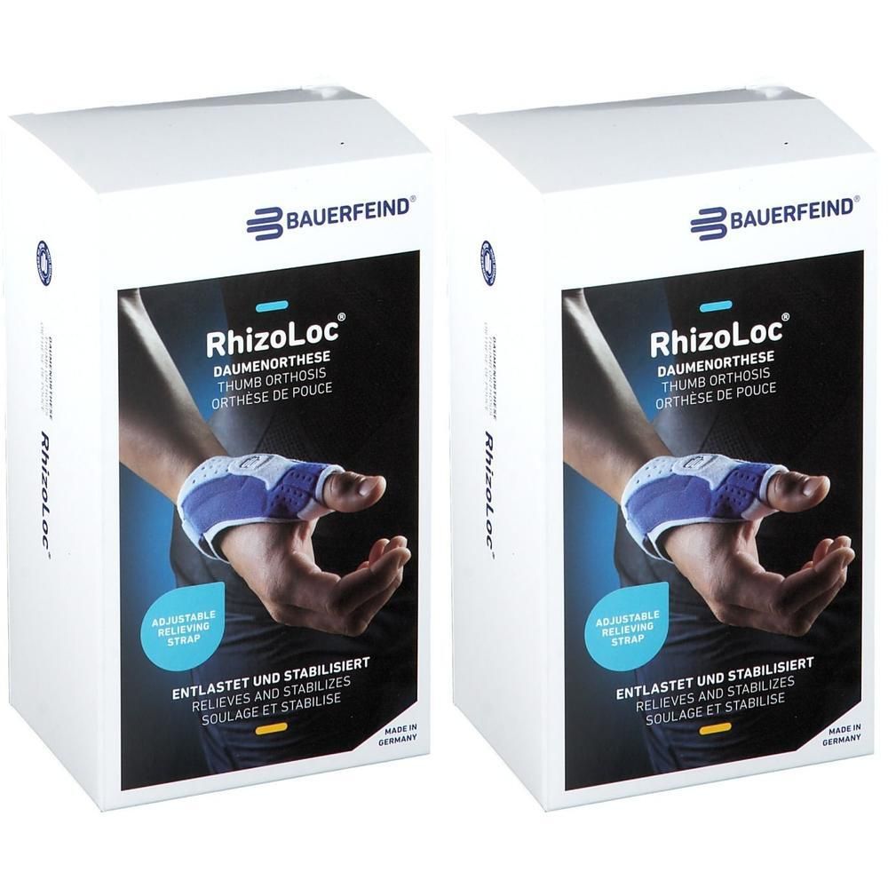 Twee verpakkingen Bauerfeind RhizoLoc duimbraces. Blauwe en witte brace met verstelbare band.