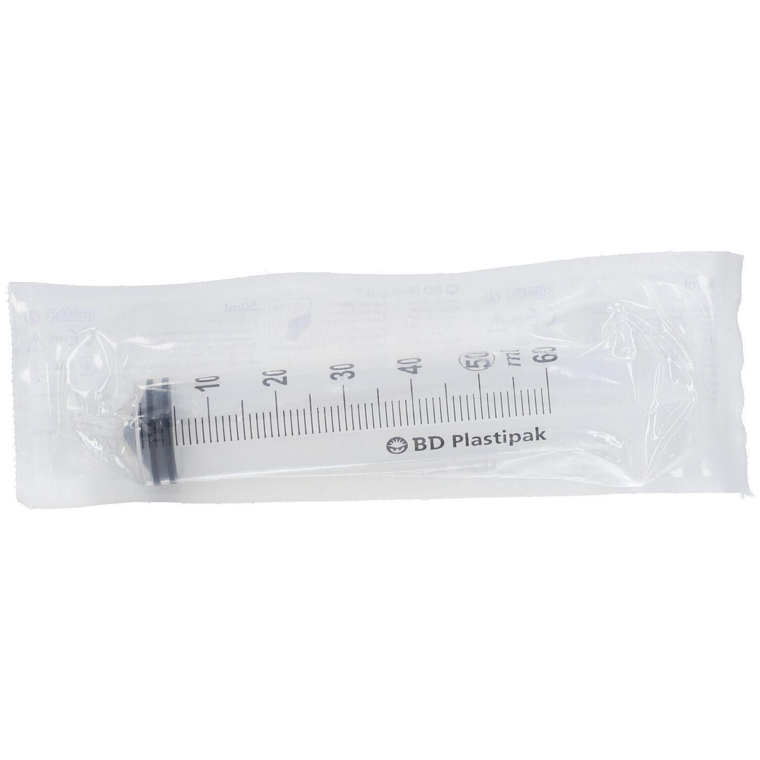 Seringue stérile BD Plastipak Luer-Lok 50-60ml, emballée individuellement.