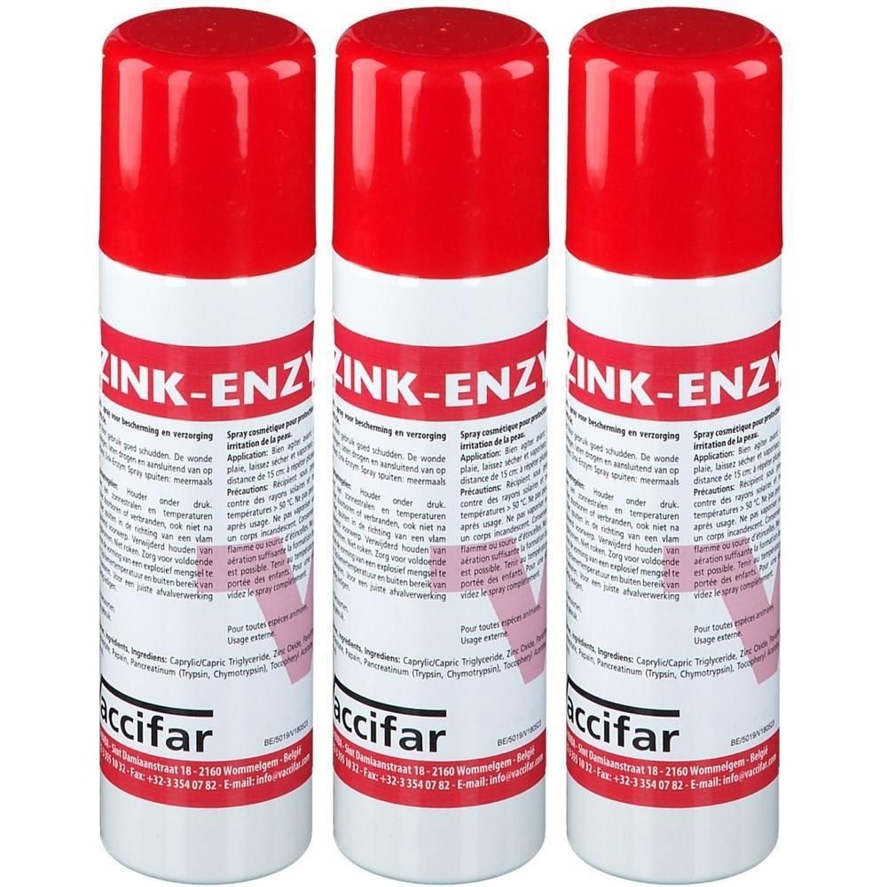 Drie spuitbussen met rode dop en witte body, gelabeld met 'ZINK-ENZY' en 'accifar'.