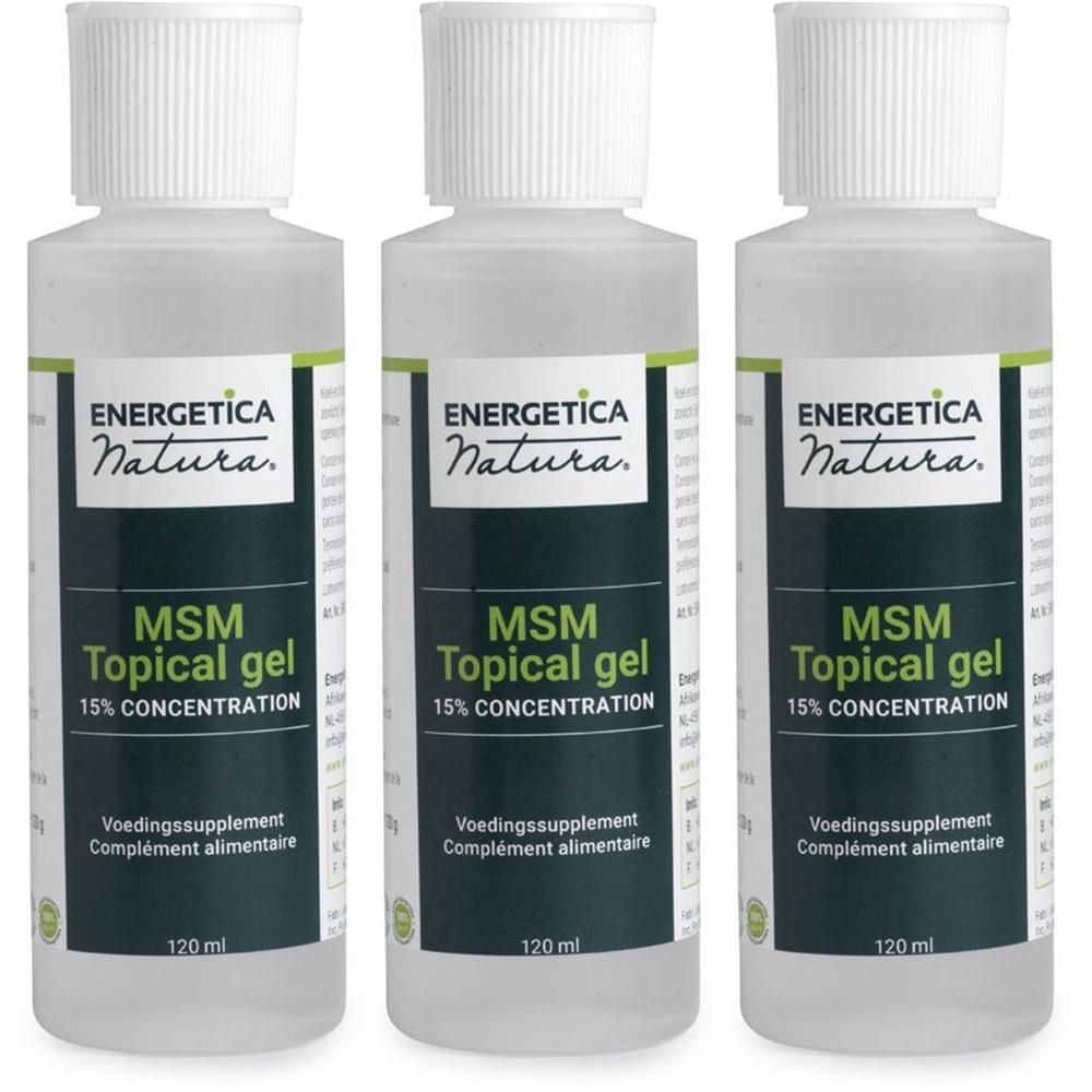 Drie flessen MSM Topical Gel 15% concentratie.