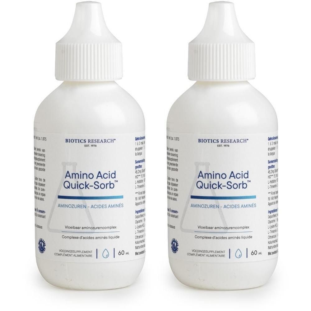 Twee witte druppelflesjes Amino Acid Quick-Sorb.