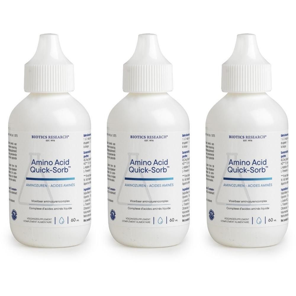 Trois flacons compte-gouttes blancs avec étiquette Biotics Research Amino Acid Quick-Sorb.