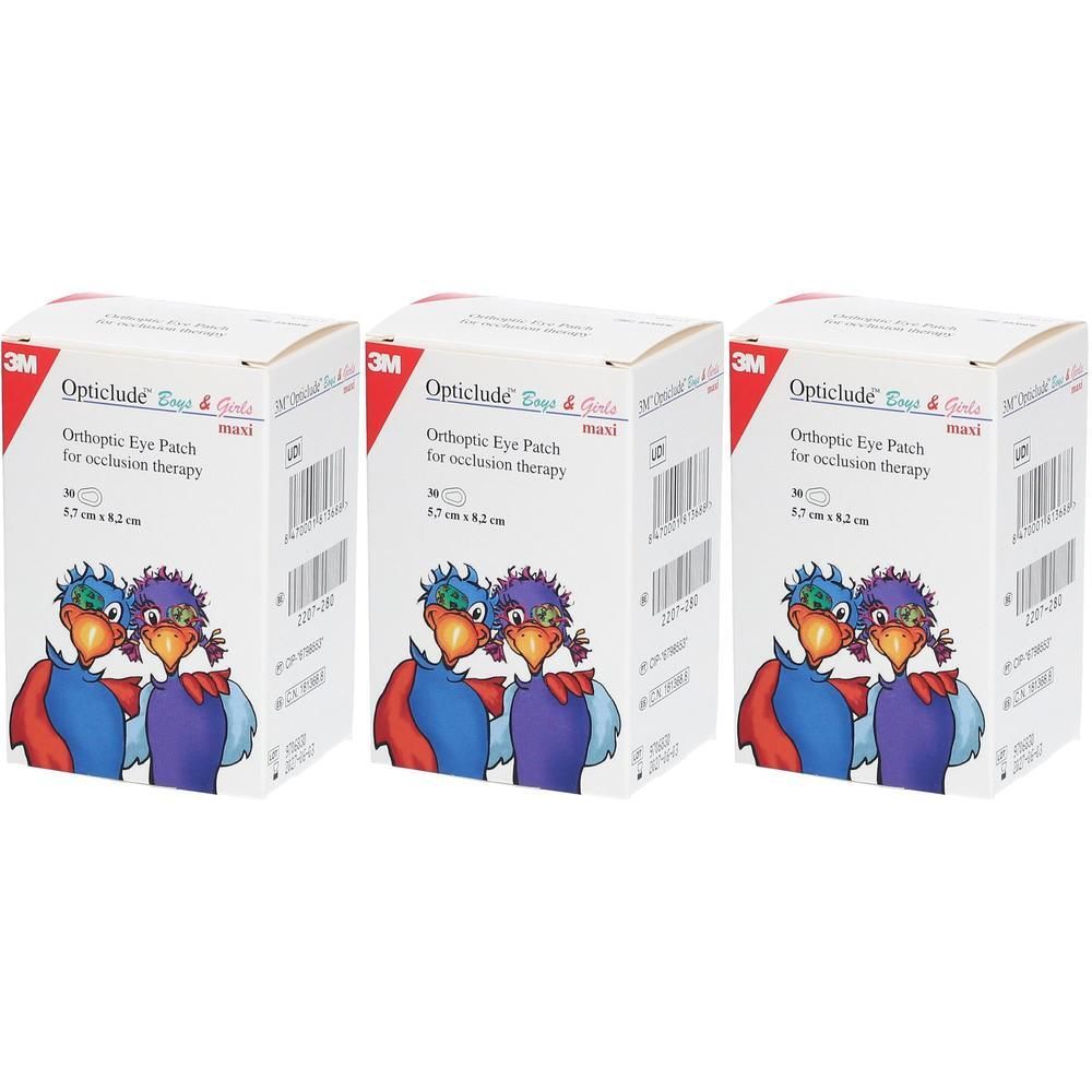 Drie pakken 3M Opticlude oogpleisters voor occlusietherapie, Maxi-formaat.
