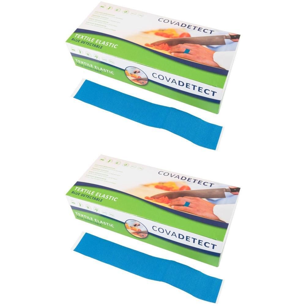 Twee pakken Covadectect textiel elastisch verband, blauw, metaal detecteerbaar. Een verband zit bij elk pak.