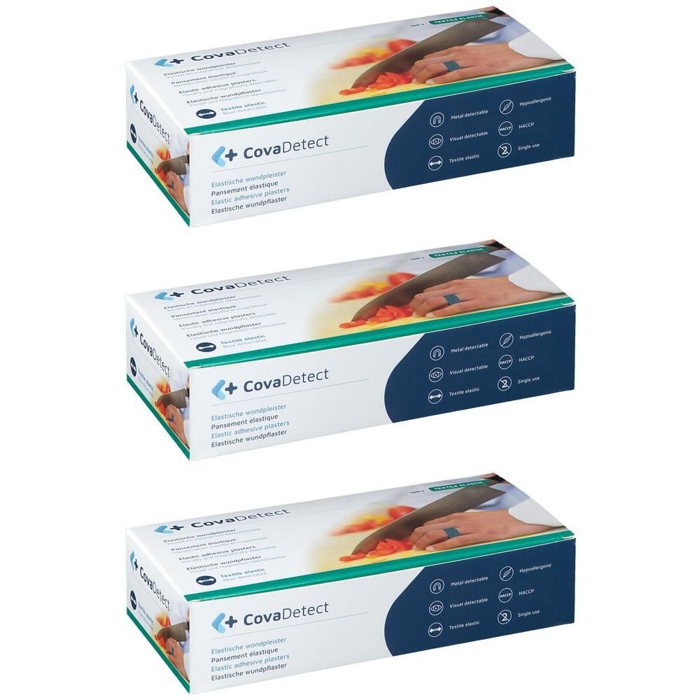 Drie pakken CovaDetect elastische detectiepleisters. Blauwe pleisters, 2x18cm.