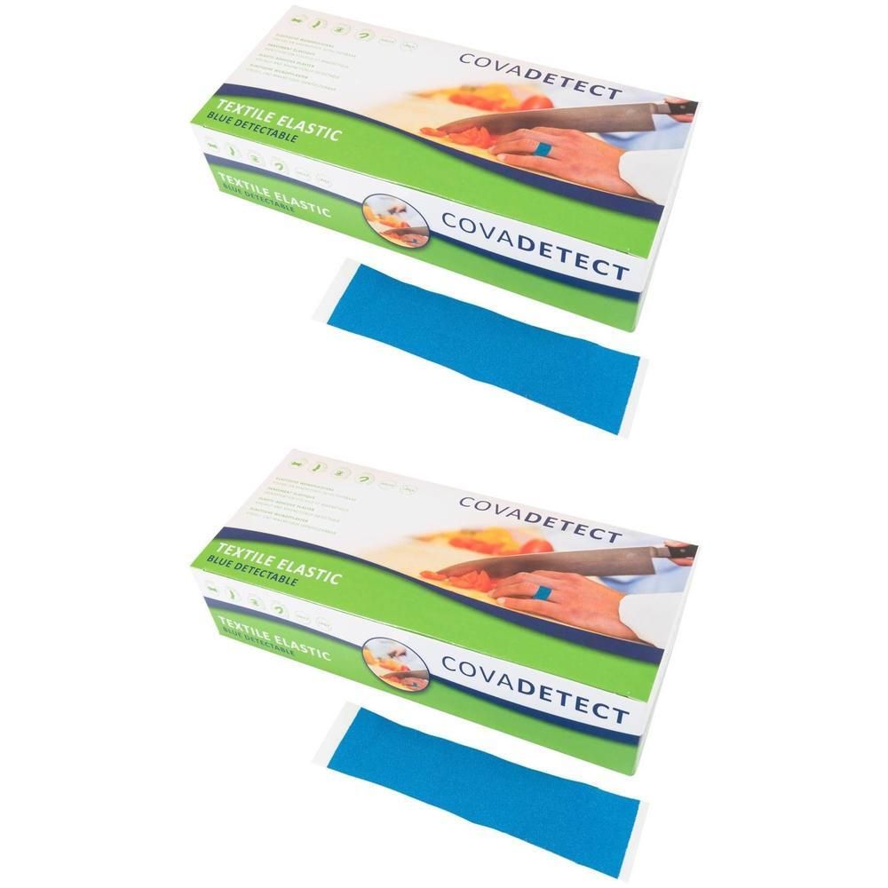 Deux boîtes de Covadectect Textile Élastique, bleu, avec une bande bleue chacune.