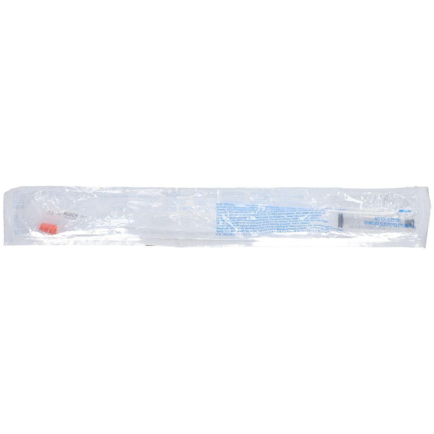 Seringue stérile avec capuchon orange, dans un emballage transparent.