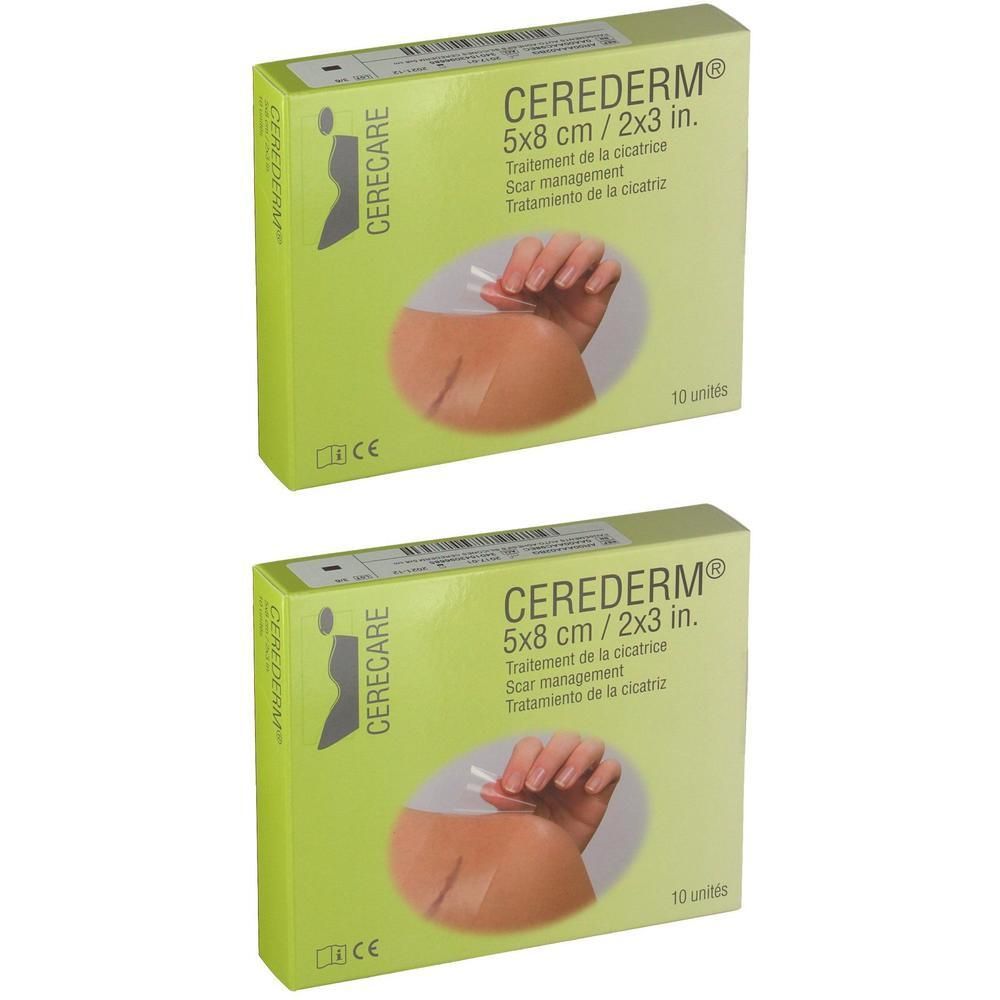 Deux boîtes de pansements Cerederm pour cicatrices, 5x8 cm. Chaque boîte contient 10 unités.